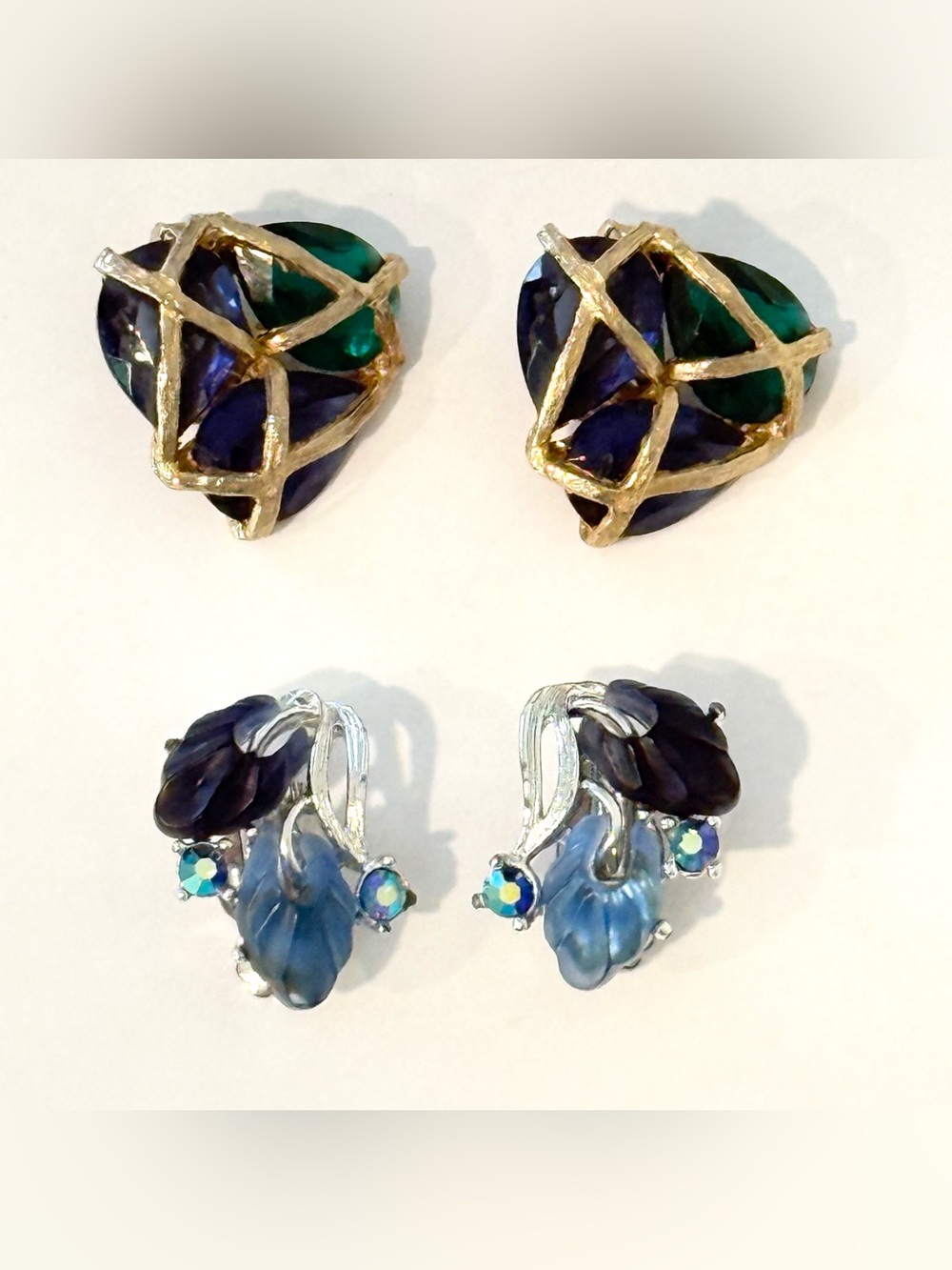 Vintage Kramer Caged Glass Clip Earrings Blue Green Lucite Rhinestone